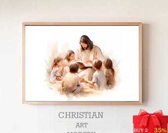 Gesù insegna al bambino / STAMPA DIGITALE! / Ritratto di Gesù / Dipinto di Gesù / Stampa di Gesù / Arte di Gesù / Arte murale di Gesù / Acquerello di Gesù