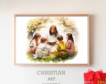 Gesù insegna al bambino / STAMPA DIGITALE! / Ritratto di Gesù / Dipinto di Gesù / Stampa di Gesù / Arte di Gesù / Arte murale di Gesù / Acquerello di Gesù