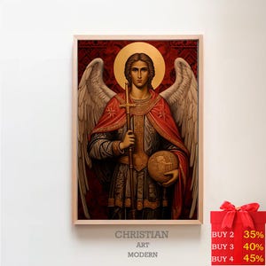 May include: A painting of an angel with wings, holding a sword and a globe. The angel is wearing a red and gold robe and has a halo. The background is red and gold.