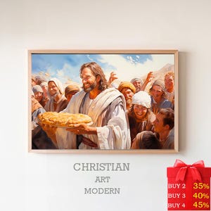 Gesù sfama i 5000, stampa digitale, Dio provvede, sfamare i 5000, arte murale della Bibbia, 5 pani e 2 pesci, fede cristiana, arte biblica
