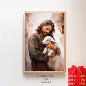 De goede herder | DIGITALE PRINT | Jezus houdt het verloren lam vast | De reis naar huis | Jezus houdt lam vast | Lam van God Jezus Schaap
