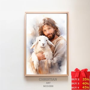 De goede herder | DIGITALE PRINT | Jezus houdt het verloren lam vast | De reis naar huis | Jezus houdt lam vast | Lam van God Jezus Schaap