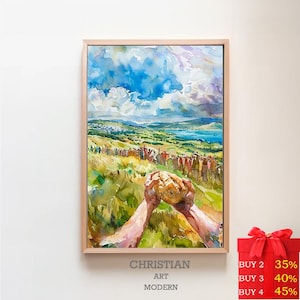 Gesù sfama i 5000, stampa digitale, Dio provvede, sfamare i 5000, arte murale della Bibbia, 5 pani e 2 pesci, fede cristiana, arte biblica