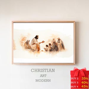 Gesù sfama i 5000, stampa digitale, Dio provvede, sfamare i 5000, arte murale della Bibbia, 5 pani e 2 pesci, fede cristiana, arte biblica