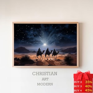 Könnte beinhalten: Ein digitales Gemälde, das drei Weisen zeigt, die auf Kamelen durch eine Wüstenlandschaft reiten, unter einem sternenklaren Nachthimmel. Der Stern von Bethlehem leuchtet hell in der Ferne.