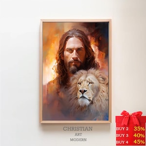 Lion And Jesus Canvas Art, Lion Of Judah, Church Decor, God Wall Art Home Decor, Gift For Christians, Jesus Painting, Christ Art