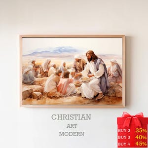 Gesù sfama i 5000, stampa digitale, Dio provvede, sfamare i 5000, arte murale della Bibbia, 5 pani e 2 pesci, fede cristiana, arte biblica