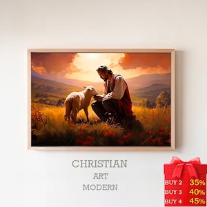 De goede herder | DIGITALE PRINT | Jezus houdt het verloren lam vast | De reis naar huis | Jezus houdt lam vast | Lam van God Jezus Schaap