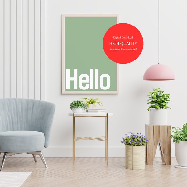 Hello Print, Welcome Sign, Entrance Wall Art, Welcome, Typo Posters, Typography Poster, Sage Green, Minimalist