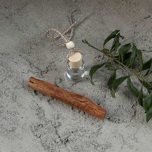 May include: A small glass bottle with a wooden cap and a string attached, a cinnamon stick, and a green leafy branch on a gray textured surface.