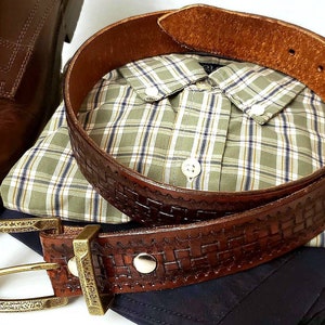 Brown Leather Belt Basket Weave Full Grain