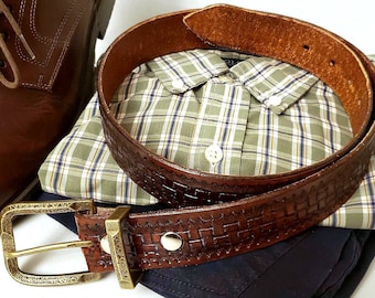 Brown Leather Belt Basket Weave Full Grain