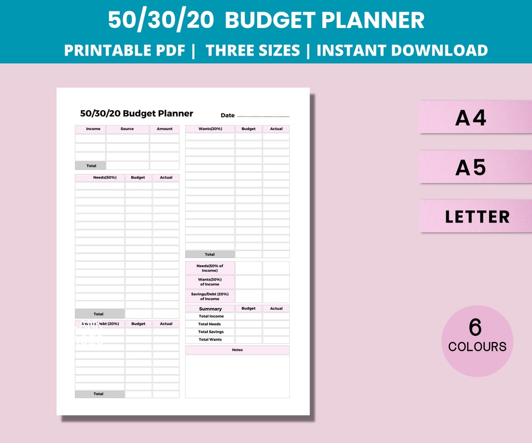 50/30/20 Budget Planner Template, Printable Money Management Worksheet ...
