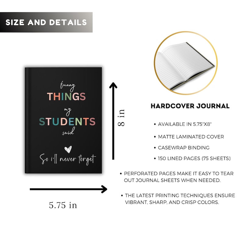 Pode incluir: Di&aacute;rio de capa dura preto com o texto "funny things my students said so i'll never forget" em letras coloridas. O di&aacute;rio mede 14,6 cm de largura por 20,3 cm de altura. Tem 150 p&aacute;ginas pautadas e uma capa laminada fosca.