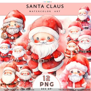 Clipart aquarela de Papai Noel, clipart de Natal, confecção de cartões, Papai Noel fofo, ilustração em aquarela, 12 PNG de alta qualidade, download digital.