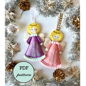 Modello PDF per angelo di Natale in feltro, decorazione per albero di Natale in feltro con angelo, tutorial di cucito a mano, decorazione natalizia fai da te, decorazione in feltro di lana ricamata