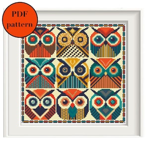 Geometric midcentury owls cross stitch pdf pattern, owl embroidery, geometric counted xstitch, owl faces modern cross stitch