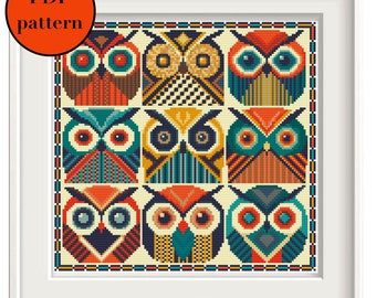 Geometrische midcentury uilen kruissteek pdf-patroon, uilborduurwerk, geometrisch getelde xstitch, uilgezichten moderne kruissteek