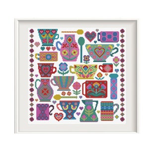 May include: A colorful cross-stitch pattern featuring a variety of mugs, cups, and pitchers with floral and heart designs. The pattern is framed in a white frame.