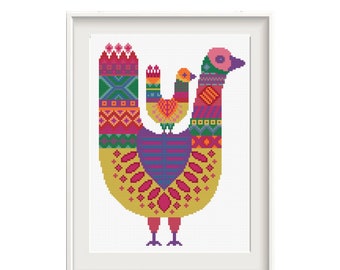 Colorful peacock cross stitch pattern, Nordic cross stitch Folk peacocks embroidery Modern cross stitch chart farmhouse decor