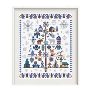 Christmas Tree Cross Stitch Pattern, Winter Cross Stitch PDF, Merry Christmas, Christmas Tree sampler, Elf Snowman Reindeer Snowflake Chart
