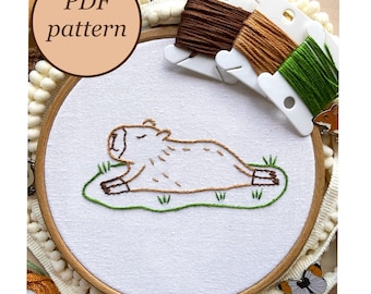Entspannender Capybara Stickrahmen, niedliches Capybara Stickmuster, Stickvorlage für Wasserschafe, PDF Instant Download, Easy Handmade Capibara