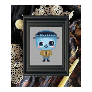 Halloween Frankenstein Kreuzstich PDF Stickdatei download, witziges Kreuzstichmuster, süße Fledermaus, Kürbis, Gespenst, schwarze Katze, lustige Kreuzstichmuster