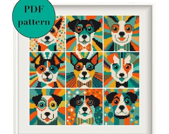 Geometric midcentury dogs cross stitch pdf pattern, colorful pop art retro dog embroidery, bright festival puppies embroidery tutorial