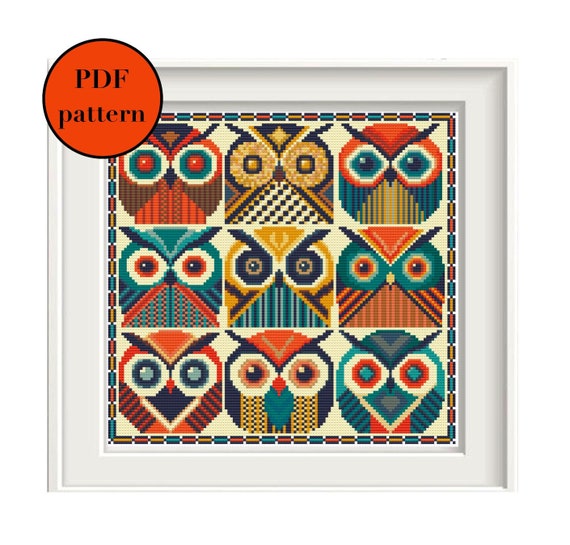 Geometric midcentury owls cross stitch pdf pattern, owl embroidery, geometric counted xstitch, owl faces modern cross stitch