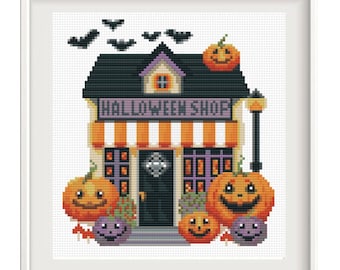 Halloween shop with pumpkins cross stitch PDF Embroidery download, witchy bats xstitch pattern, Halloween embroidery pattern, Spooky xstitch