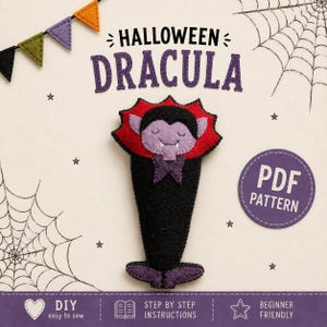 May include: A felt craft project featuring a Dracula character with a black cape, red collar, and purple face. The text reads HALLOWEEN DRACULA and PDF PATTERN. The design includes a spider web, bunting, and stars on a light background.