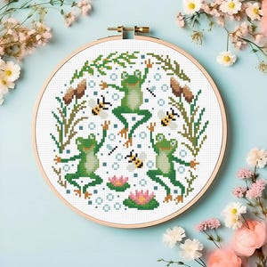 Cute dancing frogs cross stitch pdf pattern, toad embroidery digital download, frog lover gift, toad cross stitch, counted xstitch