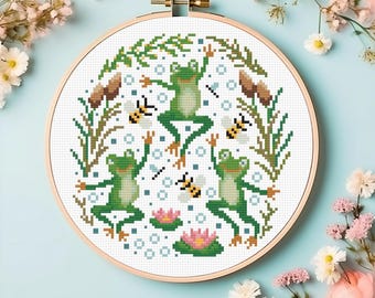 Cute dancing frogs cross stitch pdf pattern, toad embroidery digital download, frog lover gift, toad cross stitch, counted xstitch