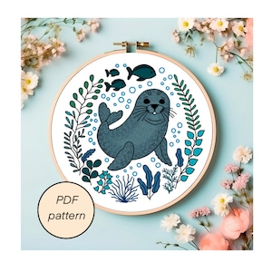 Cute seal embroidery pattern, animal embroidery pattern, thread painting pattern PDF, seal cross stitch design, ocean embroidery project