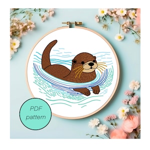 Joli motif de broderie de loutre, motif de broderie animal, motif de peinture au fil PDF, conception de point de croix de loutre, projet de broderie océan