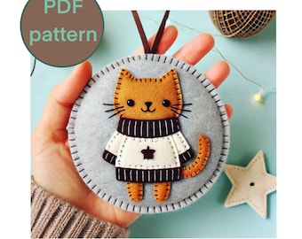 Felt Cute Kitty PDF Pattern, Cat Felt Decoration, Hand Sewing Tutorial, DIY Handmade Cat Embroidered Wool Felt Ornament, Needle Felted Cats