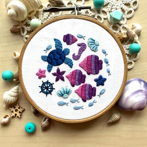 PDF embroidery hoop art, ocean embroidery pattern, DIY embroidery download, turtle fish seashell holiday embroidery pattern, sea sewing kit
