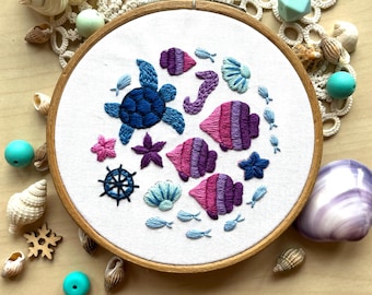 PDF embroidery hoop art, ocean embroidery pattern, DIY embroidery download, turtle fish seashell holiday embroidery pattern, sea sewing kit