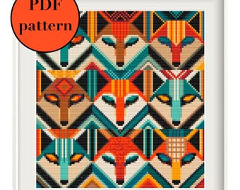 Geometric midcentury wolves cross stitch pdf pattern, midcentury modern wolf embroidery,counted xstitch, nature wildlife embroidery tutorial