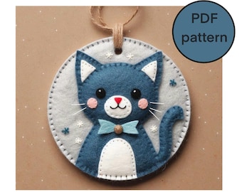 Felt Cute Kitty PDF Pattern, Cat Felt Decoration, Hand Sewing Tutorial, DIY Handmade Cat Embroidered Wool Felt Ornament, Needle Felted Cats