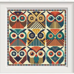 May include: Nine colorful owl illustrations in a geometric pattern. Each owl has a different color scheme and design, with a mix of orange, blue, green, yellow, and black.