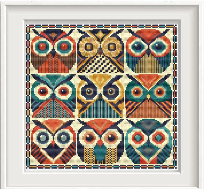 May include: Nine colorful owl illustrations in a geometric pattern. Each owl has a different color scheme and design, with a mix of orange, blue, green, yellow, and black.