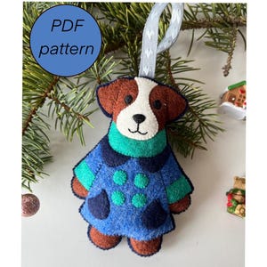 Feutre Noël hiver chiot motif PDF, décoration d&#39;arbre de Noël en feutre de chien, tutoriel couture à la main, vacances bricolage, ornement brodé en feutre de laine