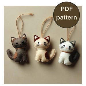 Felt Cute Kitty PDF Pattern, Cat Felt Decoration, Hand Sewing Tutorial, DIY Handmade Cats Embroidered Wool Felt Ornament, Needle Felted Cats