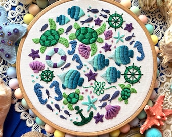 Under the sea PDF embroidery hoop art, ocean embroidery pattern, DIY embroidery download, turtle fish seashell holiday embroidery pattern