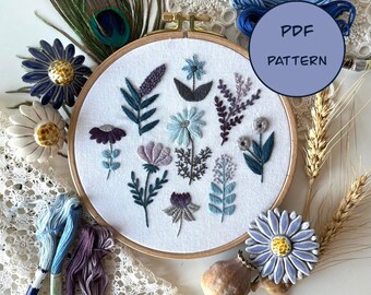 Wild flowers embroidery pattern pdf, floral pattern, botanical embroidery design, digital download, Mother's Day, herbs embroidery hoop art