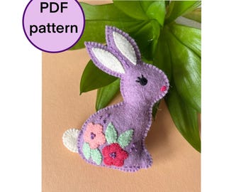 Felt Easter Bunny with Flowers PDF Pattern, Easter Spring Ornament, DIY Rabbit Sewing Pattern, Hand Sewing Stuffed Animal, Embroidery Hare