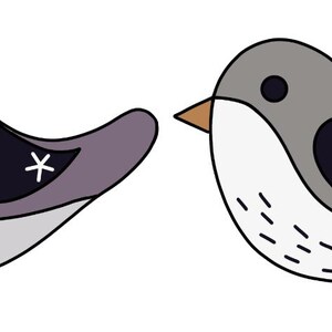Puede incluir: Dos p&aacute;jaros de dibujos animados con un dise&ntilde;o minimalista. Un p&aacute;jaro es principalmente morado con un ala negra y un detalle de estrella blanca. El otro p&aacute;jaro es gris con un ala negra y un detalle de estrella blanca. Ambos tienen vientres blancos, picos marrones y ojos negros.