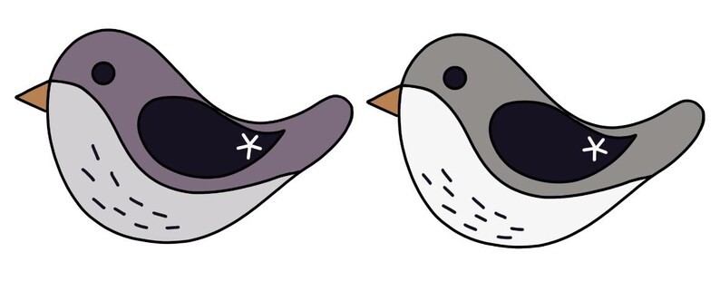 Puede incluir: Dos p&aacute;jaros de dibujos animados con un dise&ntilde;o minimalista. Un p&aacute;jaro es principalmente morado con un ala negra y un detalle de estrella blanca. El otro p&aacute;jaro es gris con un ala negra y un detalle de estrella blanca. Ambos tienen vientres blancos, picos marrones y ojos negros.