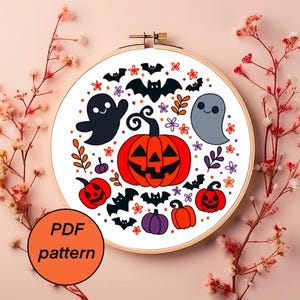 Cute Halloween pumpkins ghosts bats embroidery pattern, funny spooky sewing pattern PDF, hand embroidery sampler, DIY Halloween sewing kit
